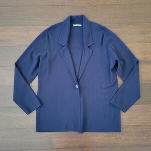 Geneology Womens Knit Blazer Jacket Size 1X Navy Blue Button-Up Collared Viscose